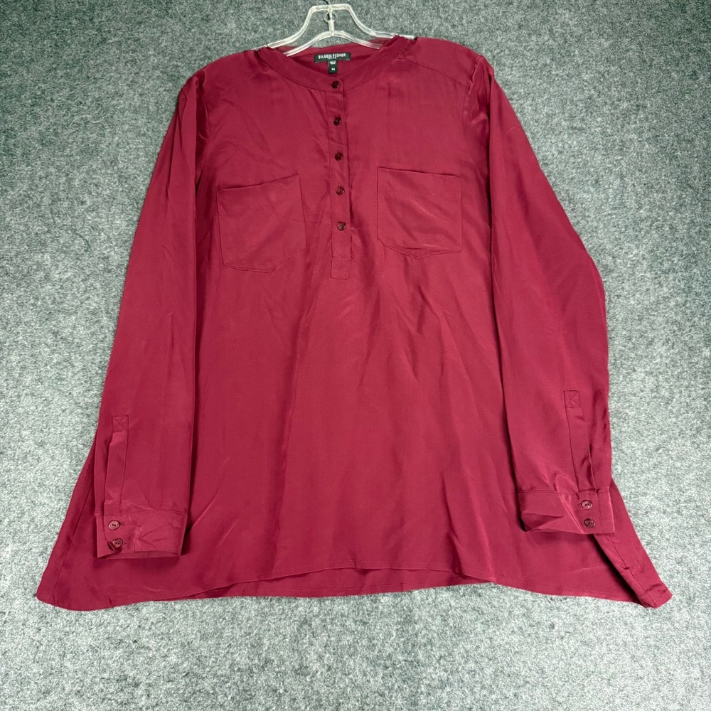 Eileen Fisher Petite Silk Tunic Top Blouse Long Sleeve Red Button Pockets PS